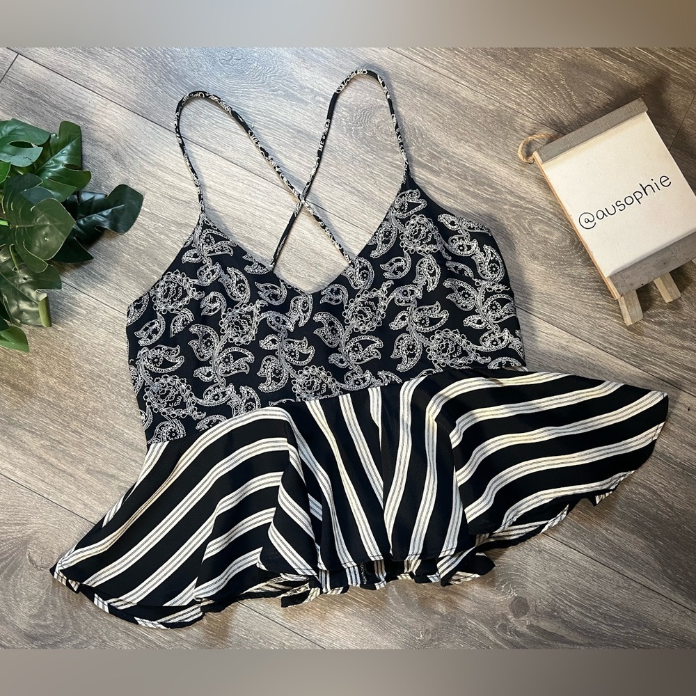 Topshop Black and White Paisley & Stripe Babydoll Cami Tank top. Size 6